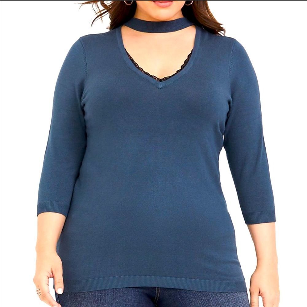 Torrid Deep Teal Choker Neck Lace Edge Sweater
